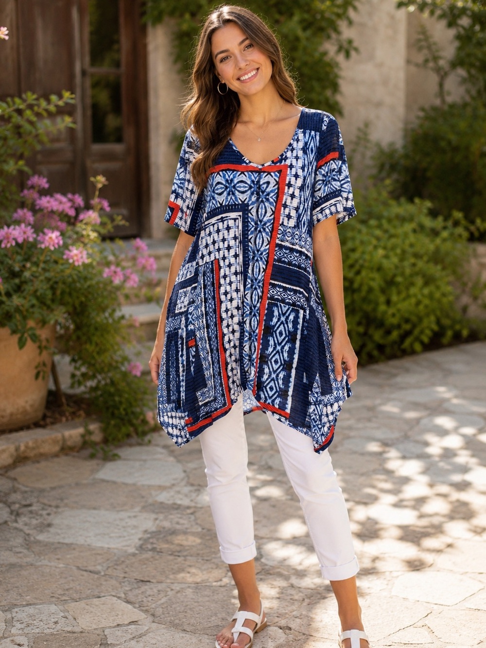 Cable & Gauge Red White Blue Patterned V-Neck Tunic Small - Picture 7 of 12